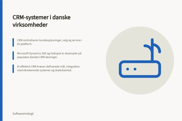 CRM-systemer i danske virksomheder: CRM centraliserer kundeoplysninger, salg og service i én platform.; Microsoft Dynamics 365 og Hubspot er eksempler på populære danske CRM-løsninger.; Et effektivt CRM kræver definerede mål, integration med eksisterende systemer og skalerbarhed. CRM-systemer: Krav, funktioner og implementering i danske virksomheder