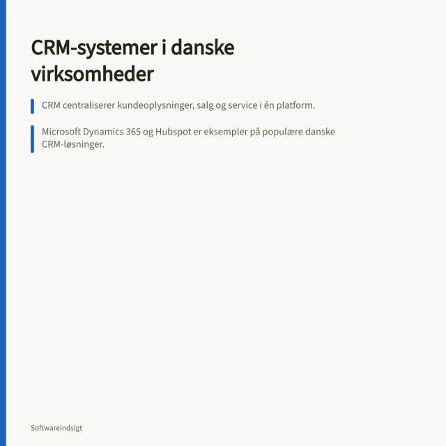 CRM-systemer i danske virksomheder: CRM centraliserer kundeoplysninger, salg og service i én platform.; Microsoft Dynamics 365 og Hubspot er eksempler på populære danske CRM-løsninger.; Et effektivt CRM kræver definerede mål, integration med eksisterende systemer og skalerbarhed. CRM-systemer: Krav, funktioner og implementering i danske virksomheder