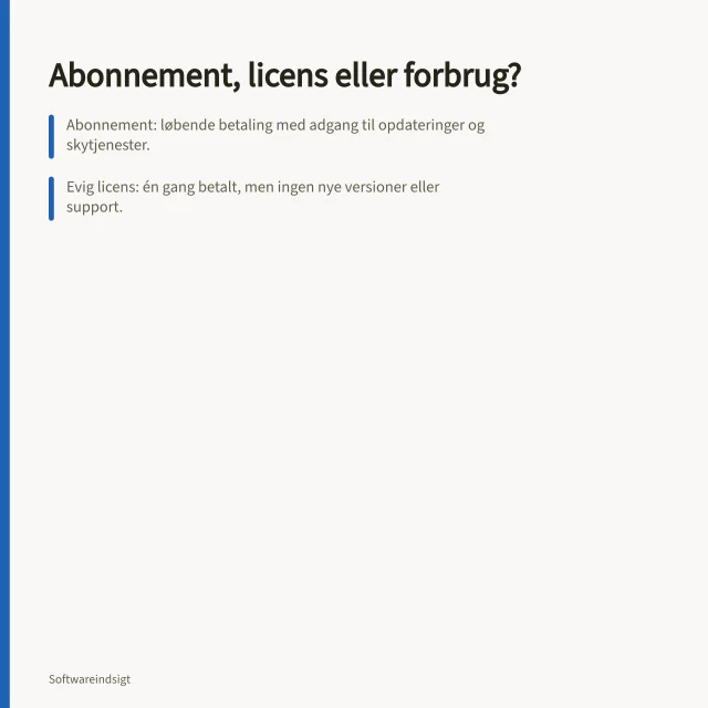 Abonnement, licens eller forbrug?: Abonnement: løbende betaling med adgang til opdateringer og skytjenester.; Evig licens: én gang betalt, men ingen nye versioner eller support.; Forbrugsbaseret pris: regning afhænger af brug, fx AI-kreditter i Microsoft 365. Hvad er forskellen på abonnement, evig licens og forbrugsbaseret pris?