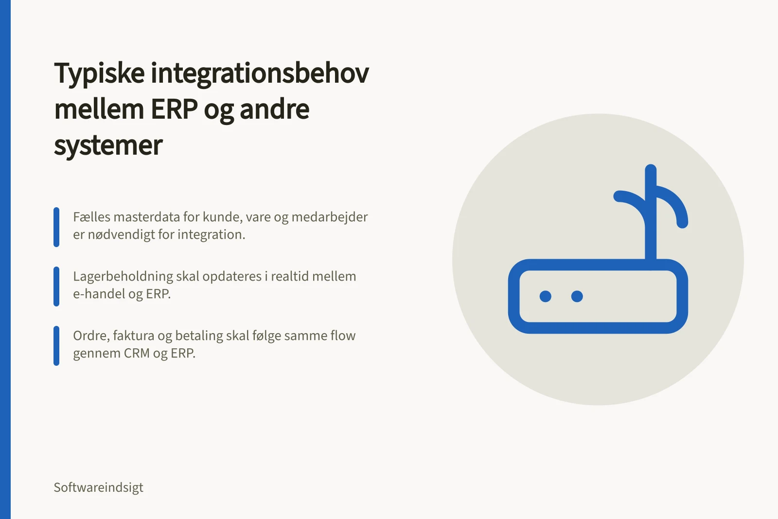 Typiske integrationsbehov mellem ERP og andre systemer: Fælles masterdata for kunde, vare og medarbejder er nødvendigt for integration.; Lagerbeholdning skal opdateres i realtid mellem e-handel og ERP.; Ordre, faktura og betaling skal følge samme flow gennem CRM og ERP.