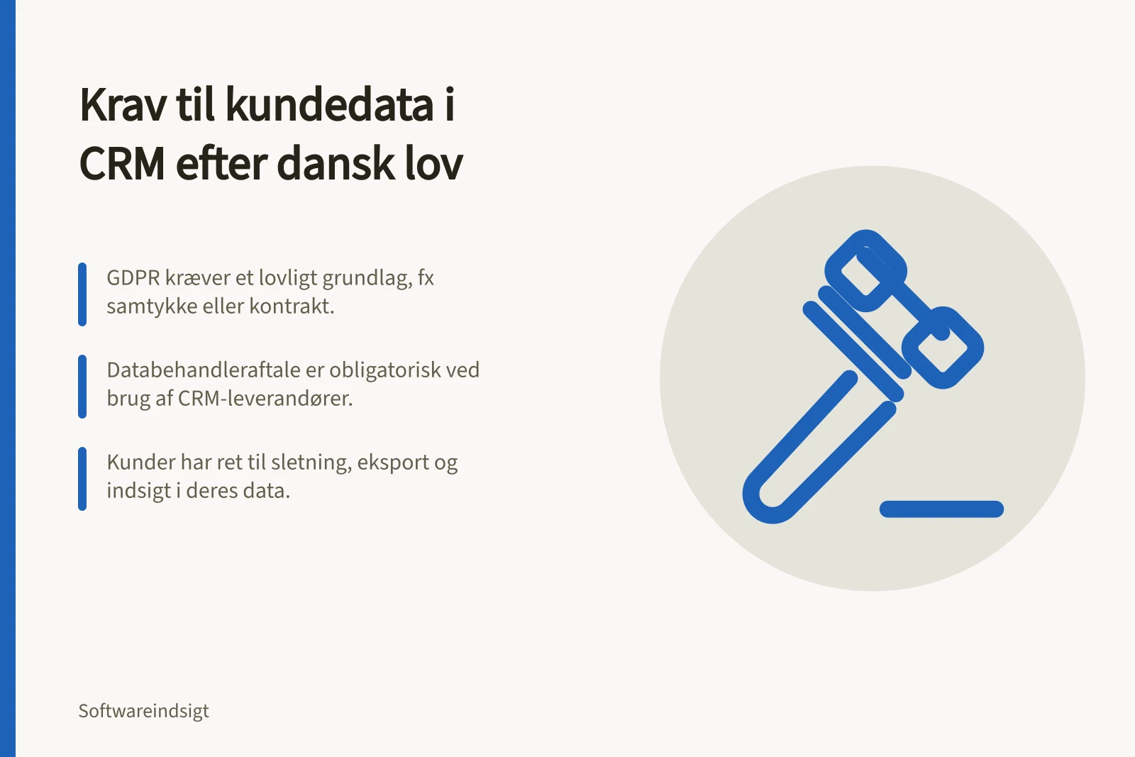Krav til kundedata i CRM efter dansk lov: GDPR kræver et lovligt grundlag, fx samtykke eller kontrakt.; Databehandleraftale er obligatorisk ved brug af CRM-leverandører.; Kunder har ret til sletning, eksport og indsigt i deres data.