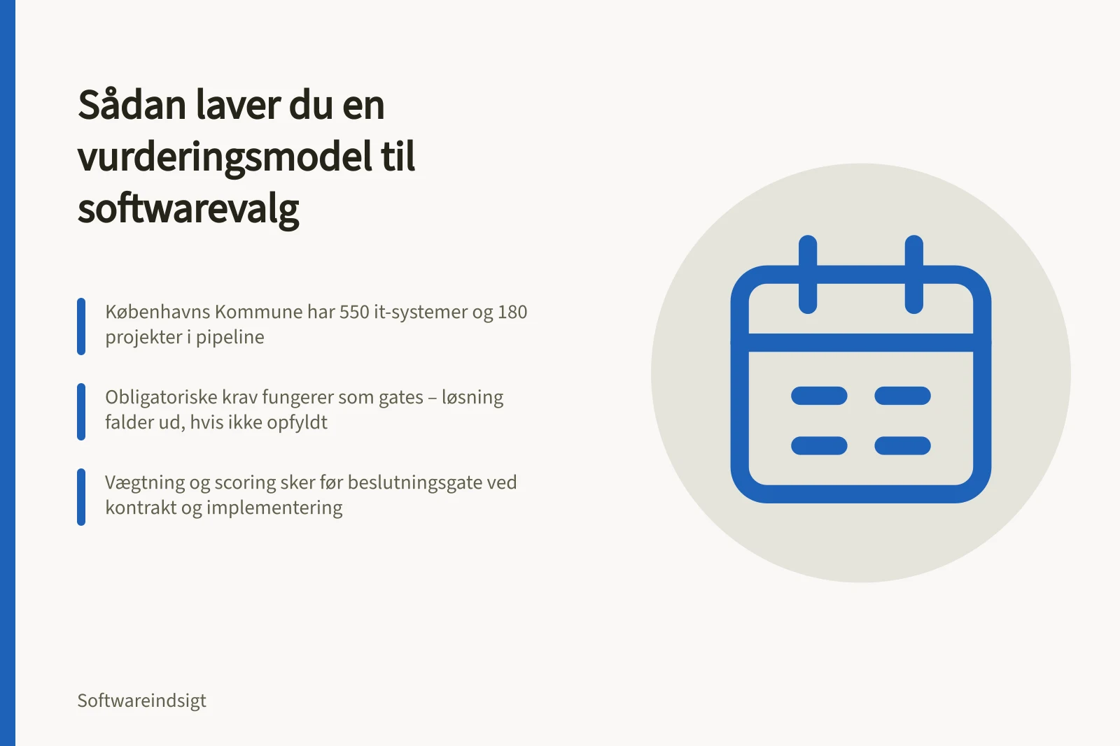 Sådan laver du en vurderingsmodel til softwarevalg: Københavns Kommune har 550 it-systemer og 180 projekter i pipeline; Obligatoriske krav fungerer som gates – løsning falder ud, hvis ikke opfyldt; Vægtning og scoring sker før beslutningsgate ved kontrakt og implementering