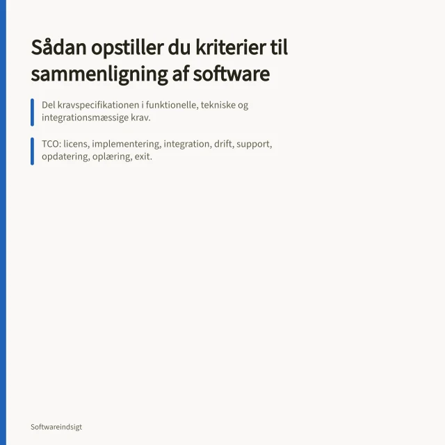 Sådan opstiller du kriterier til sammenligning af software: Del kravspecifikationen i funktionelle, tekniske og integrationsmæssige krav.; TCO: licens, implementering, integration, drift, support, opdatering, oplæring, exit.; Open source-licens giver ret til frit at bruge, undersøge, ændre og dele kildekoden. Sådan opstiller du kriterier til sammenligning af software