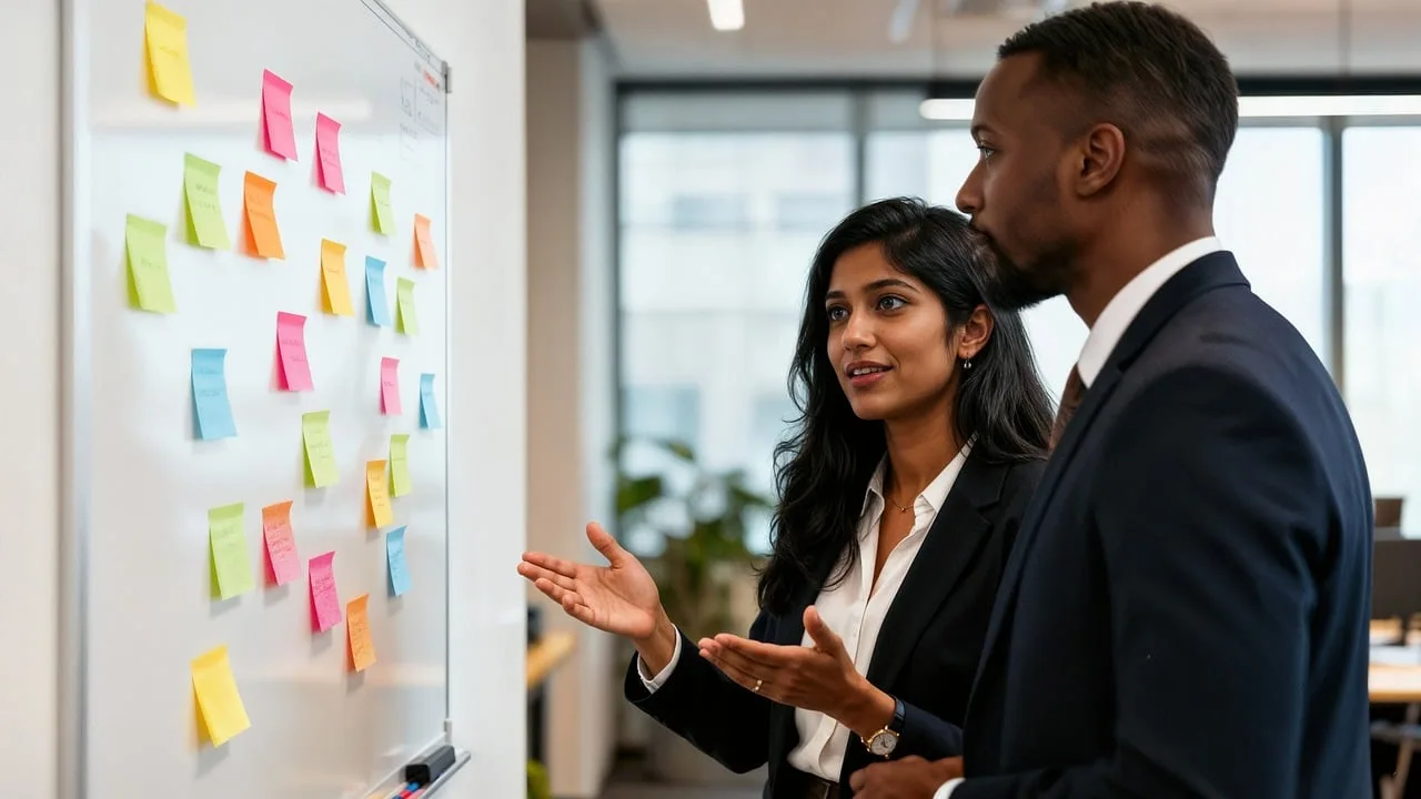 hold, kontor, bord, kvaliteter, klæbemidler, møde, rosenblomst, strategi, forretning, professionel, kvinde, mænd, meddelelse, planlægning, succes, job, miljø, virksomhed, rose, gul, blå, grøn, diskussion, genereret af ai